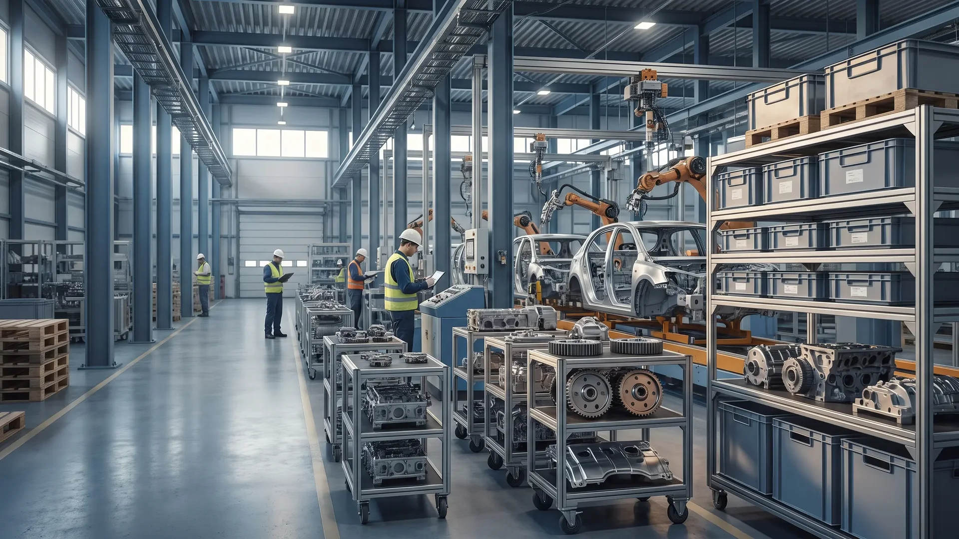 Automotive components coordinated beside a precision production line
