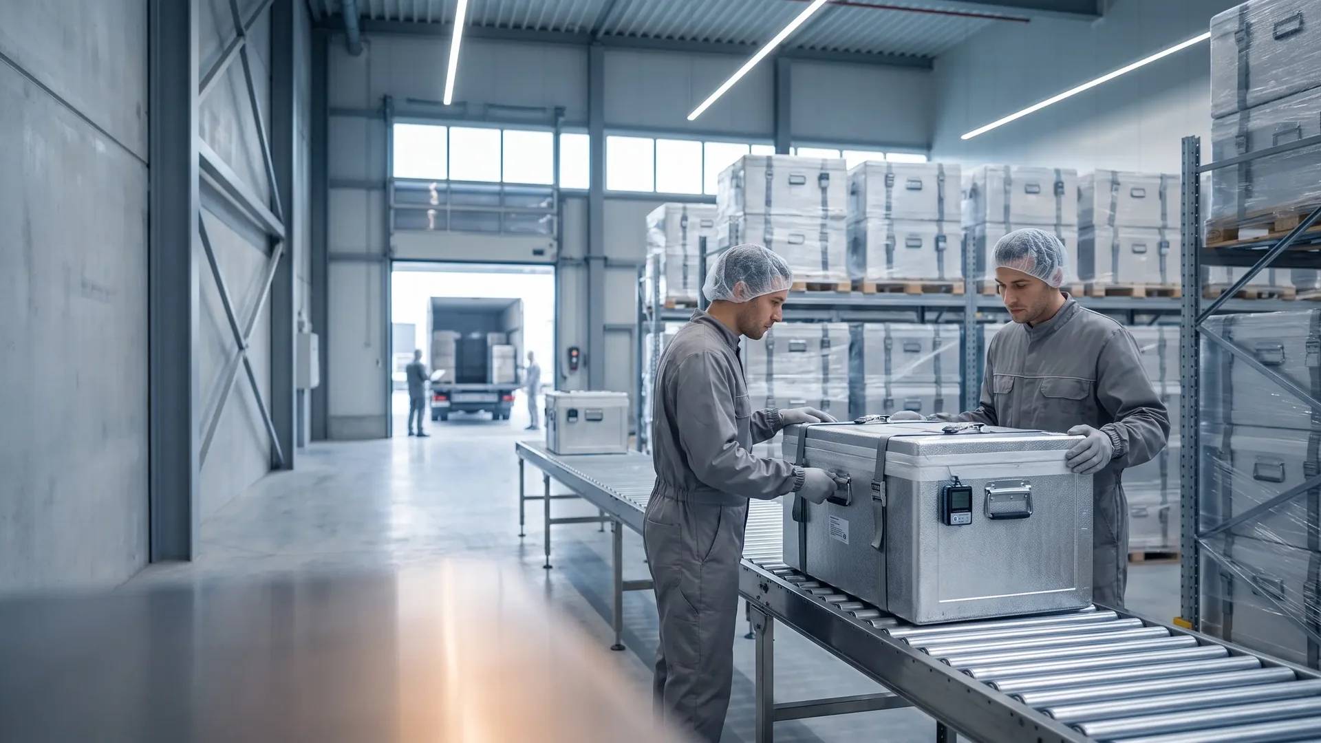 Specialists securing a temperature-controlled medical shipment for transport