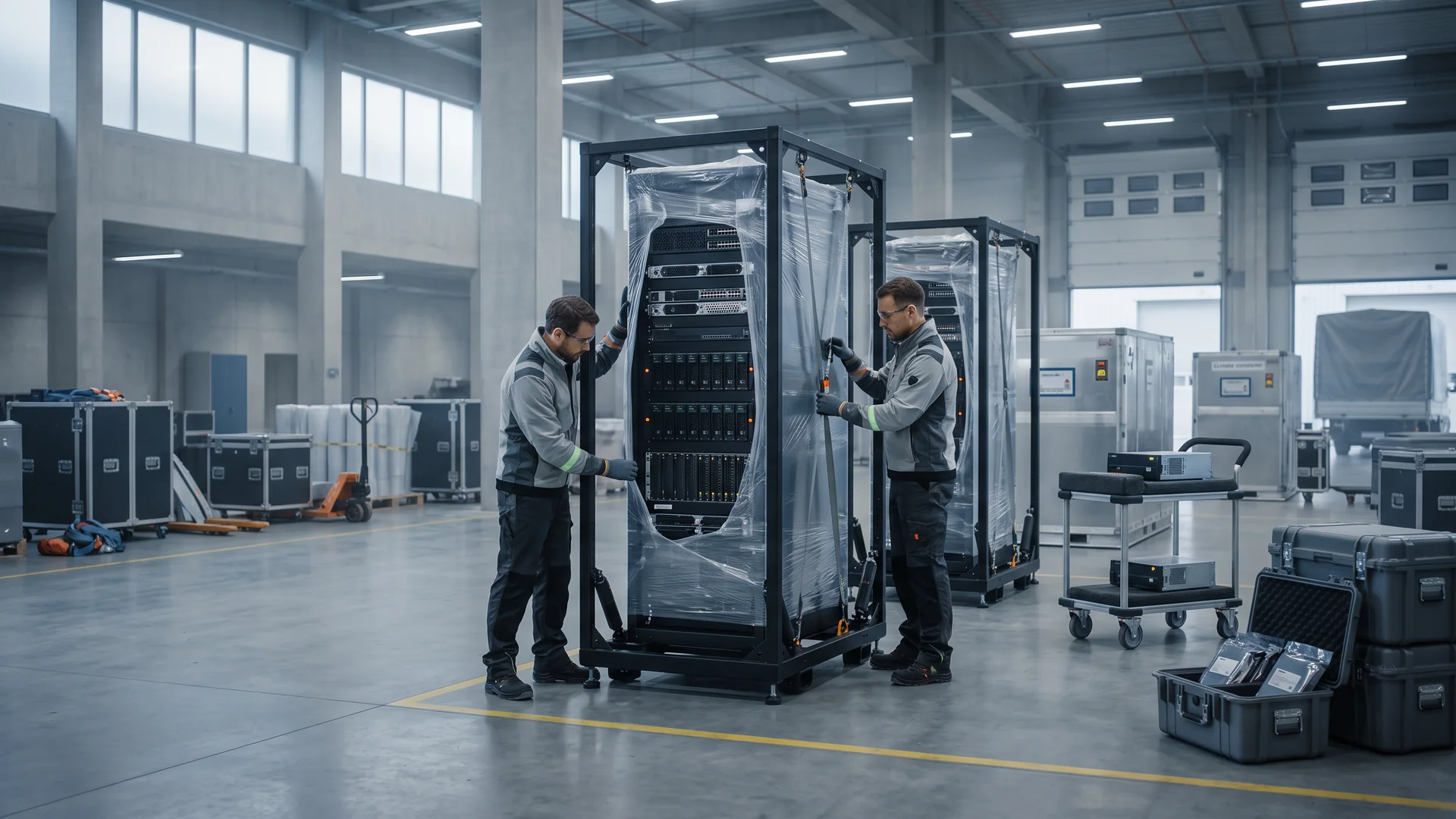 Server racks secured in protective frames for enterprise technology transport